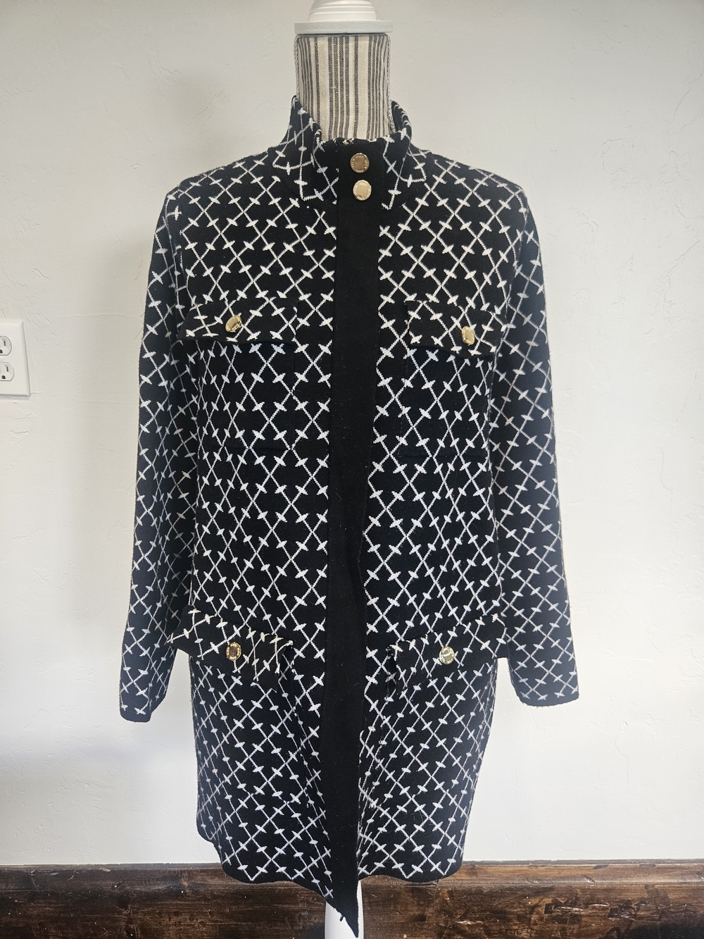 Anne Klein Black and White Lattice Long Coat with Gold Buttons